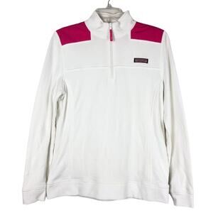 Vineyard Vines Canvas Shoulder Shep Shirt White Pink Accents Size M 1/4 Zip